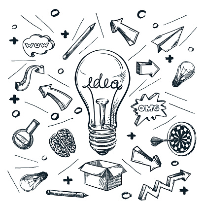Successful idea and business startup concept. Vector hand drawn sketch illustration isolated on white background. Creative light bulb doodle abstract print design.