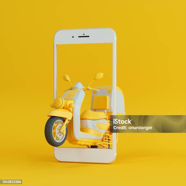 Online Shopping And Delivery Services Concept With Motor Scooter On Smartphone Screen On Yellow Background Stock Photo - Download Image Now