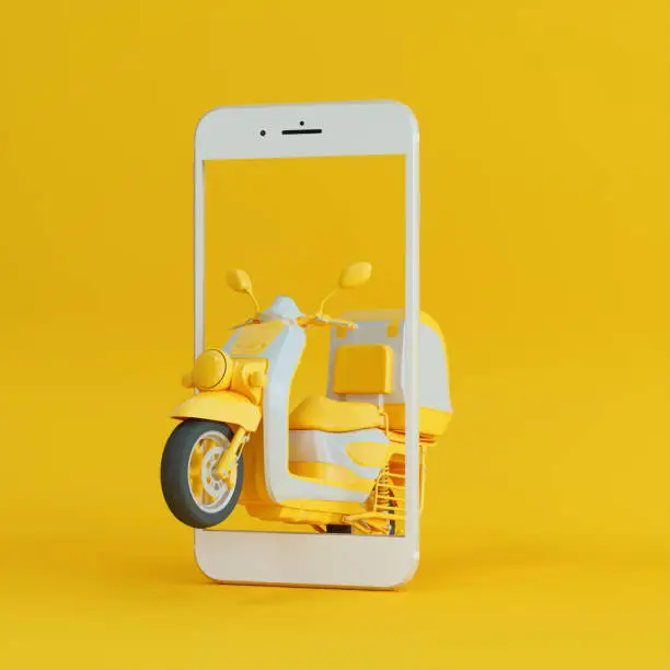 Online Shopping And Delivery Services Concept With Motor Scooter On Smartphone Screen On Yellow Background
