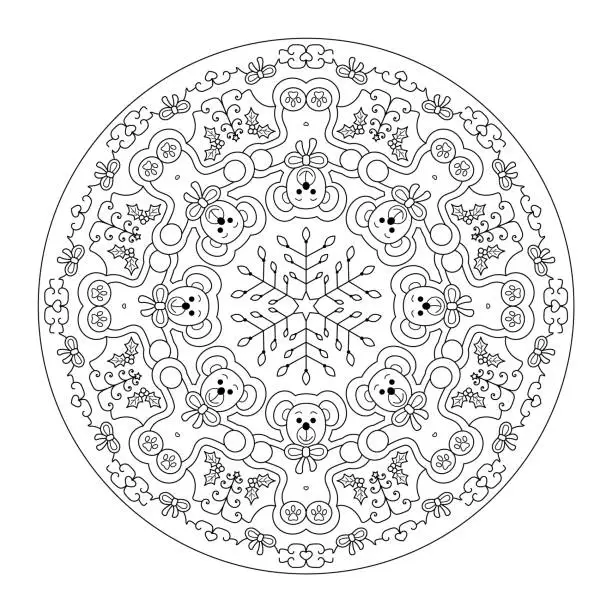 Vector illustration of Christmas mandala. Cute cuddly bear. Tenderness and hugs.