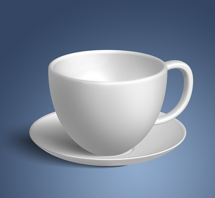 Ceramic white coffee cup and saucer isolated on a white background.