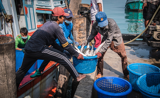 Fishermen disembarking at the fishing port of Saphan Pla Ban Bang Saray, Thailand