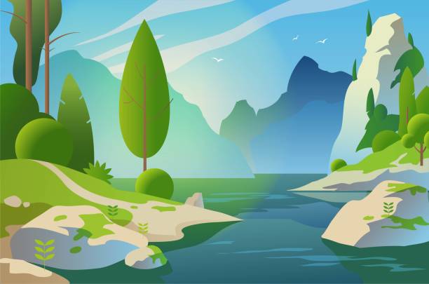 istock Sunny landscape. Forest and mountains near the lake. Vector illustration 1343825297
