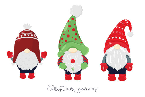 ilustraciones, imágenes clip art, dibujos animados e iconos de stock de conjunto navideño con gnomos escandinavos. ilustraciones de la criatura folclórica nórdica nisse, tomte. colección gnomo de navidad. enanos de año nuevo dibujados a mano. personajes infantiles de dibujos animados - getting dressed illustrations