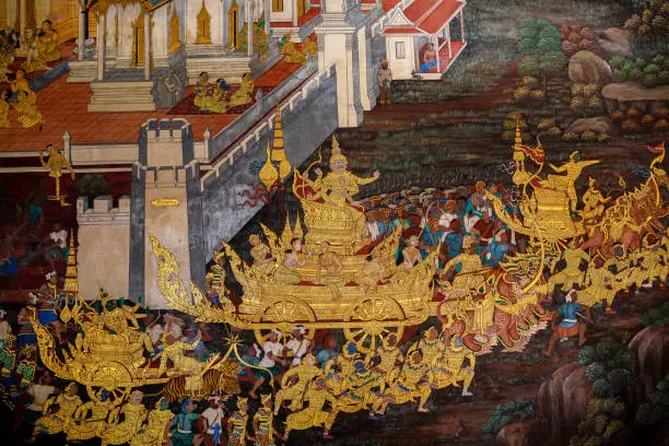 Fragment of a fresco with scene from the Ramakien at Wat Phra Kaew or Emerald Buddha Temple a tourist landmark in Bangkok, Thailand. These images are the public domain and a treasure of Buddhism, no restrict in copy or use