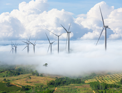 Wind turbines for generate clean energy on mountain hill covered by sea of fog on morning.