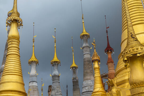 Golden stupas, Shwe Inn Thein Paya, Inthein, Inle Lake, Myanmar.