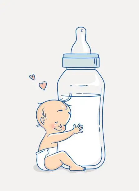 Vector illustration of Cute baby boy hugging huge bottle of milk.