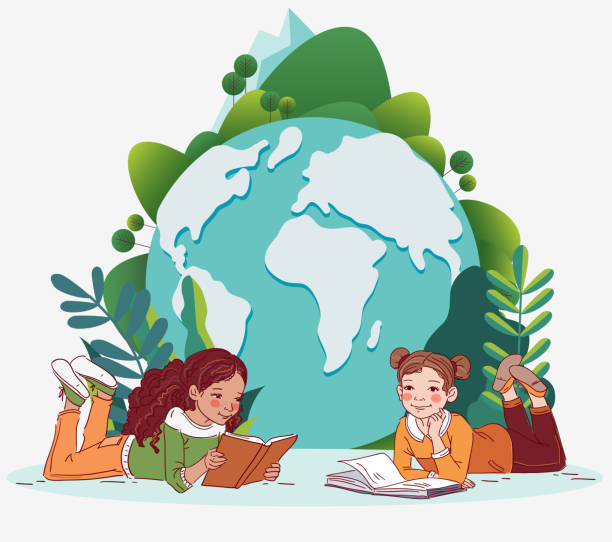 istock Cute girls reading books. World map background. Summer holidays illustration. Vacation time 1343832904