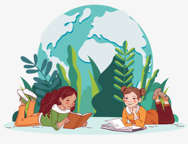 istock Cute girls reading books. World map background. Summer holidays illustration. Vacation time 1343832925