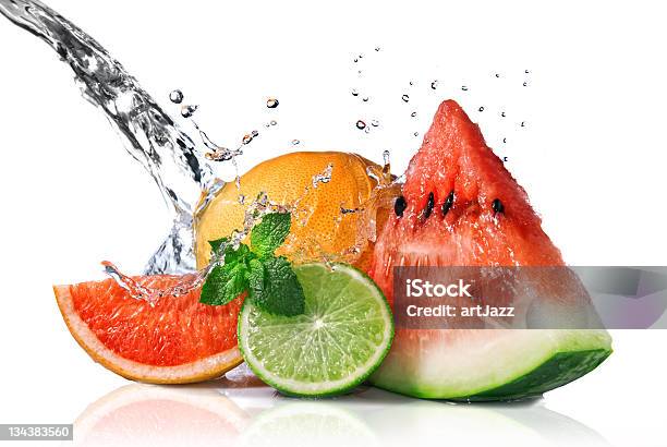 Water Splash With Fresh Fruits Isolated On White Stock Photo - Download Image Now - Citrus Fruit, Close-up, Color Image