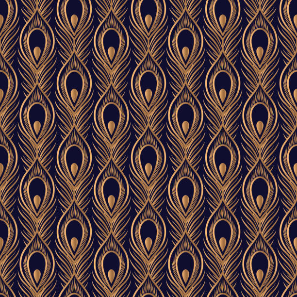 Peacock feathers luxury pattern seamless. Oriental gold black royal background vector Peacock feathers luxury pattern seamless. Oriental gold black royal background vector. Premium design for gift wrapping paper, beauty spa, yoga wallpaper, wedding party, birthday package, backdrop. peacock stock illustrations