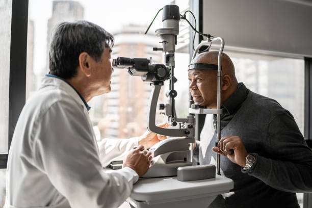 ophtalmologiste examinant les yeux du patient - examen ophtalmologique photos et images de collection