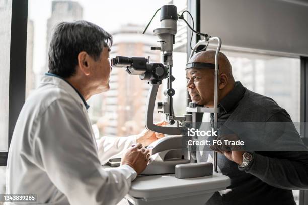Ophthalmologist Examining Patients Eyes Stock Photo - Download Image Now - Eye Exam, Senior Adult, Glaucoma