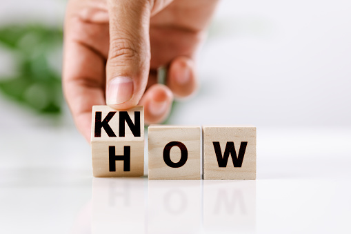Know how and business concept. Men hand flip cube and changed the word how to know on white table