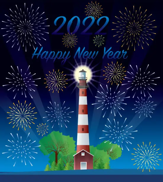 Vector illustration of Happy New Year and Lighthouse