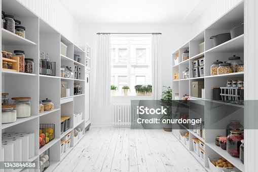 istock Storage Room With Organised Pantry Items, Non-perishable Food Staples, Preserved Foods, Healty Eatings, Fruits And Vegetables. 1343844588