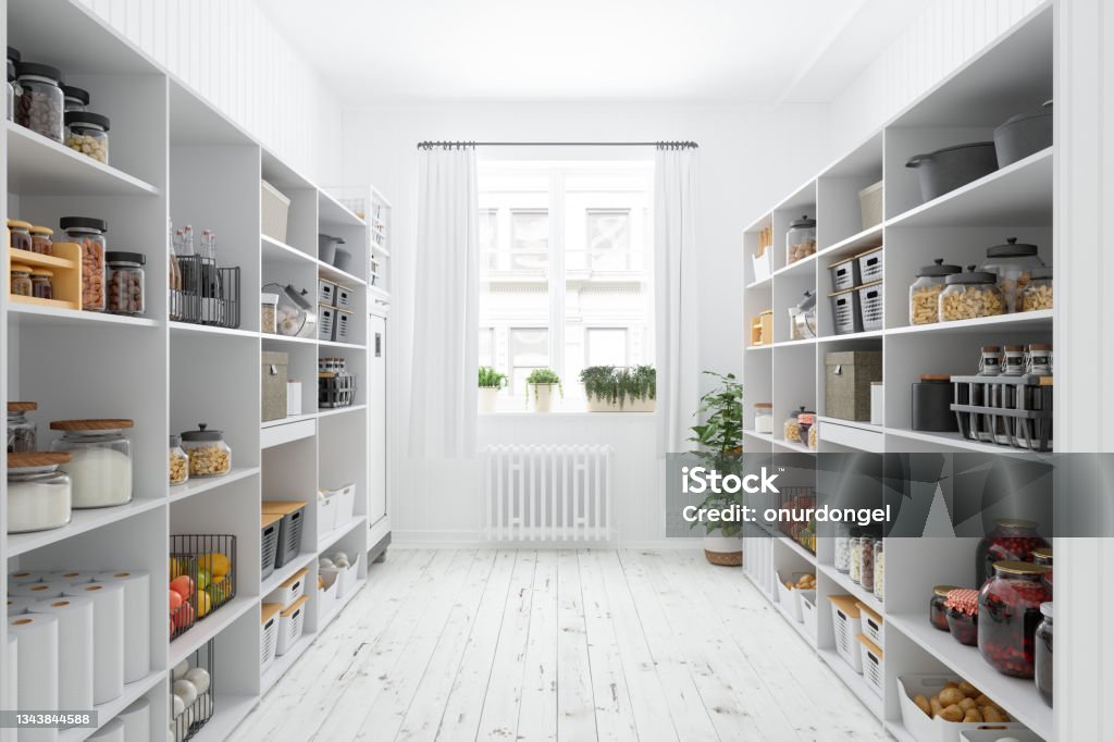 Storage Room With Organised Pantry Items, Non-perishable Food Staples, Preserved Foods, Healty Eatings, Fruits And Vegetables. Pantry Stock Photo