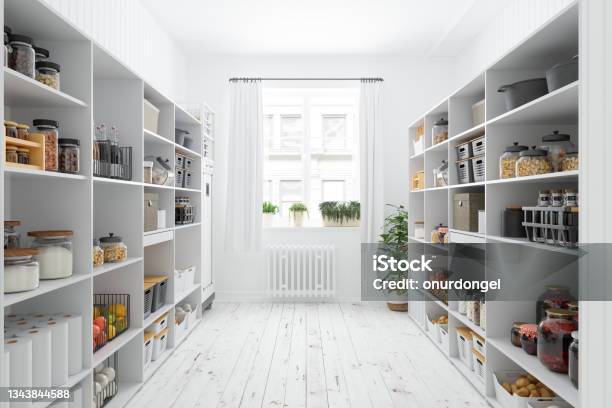 Storage Room With Organised Pantry Items Nonperishable Food Staples Preserved Foods Healty Eatings Fruits And Vegetables Stock Photo - Download Image Now