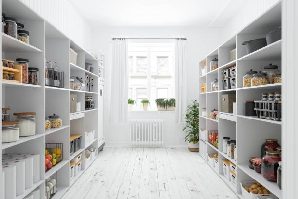 storage room with organised pantry items, non-perishable food staples, preserved foods, healty eatings, fruits and vegetables. - cooking process imagens e fotografias de stock