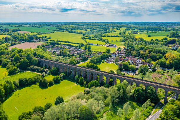 Chappel Viaduct Aerial Photo of Chappel Viaduct, Colchester, Essex. essex england photos stock pictures, royalty-free photos & images