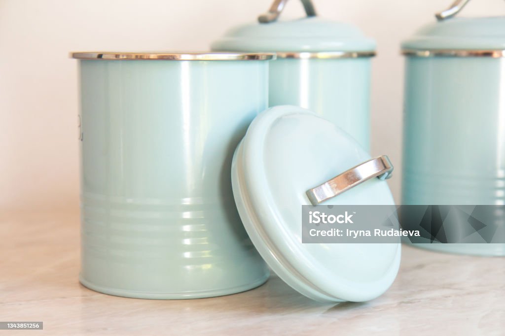 Round Container For Kitchen Three Blank Round Kitchen Containers On Light Background Stock Photo ...