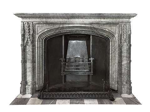 fireplace made of gray granite isolated on white background
