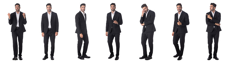 Set of young business man full length portraits doing different gestures studio isolated on white background
