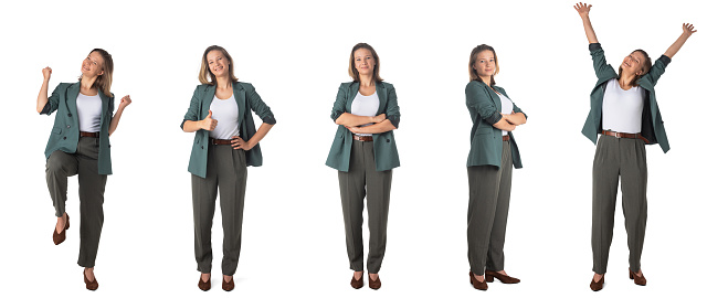 Collage Full length emotional portraits of business woman isolated on white background