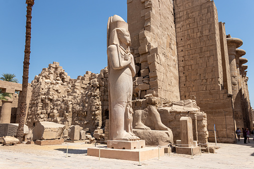 Luxor Temple, Egypt - July 23, 2022: The Luxor Temple is a large Ancient Egyptian temple complex located on the east bank of the Nile River in the city today known as Luxor (ancient Thebes) and was constructed approximately 1400 BCE. In the Egyptian language it was known as ipet resyt, \