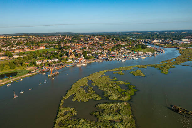 Maldon Aerial photo of Maldon at high tide, Essex. essex england stock pictures, royalty-free photos & images