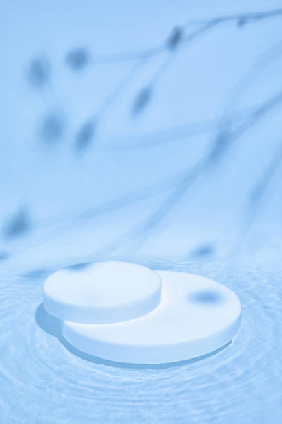 istock white cylinder podium on blue water with plants shadows 1343854655