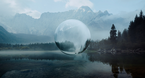 Panorama of beautiful mountain lake with futuristic sphere
