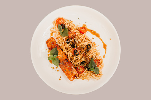 Salmon Grilled XO Sauce Spaghetti White Plate Fine Dining Cut Out