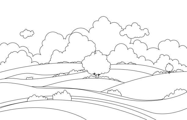 drawing of summer green fields . Line art, drawing of summer green fields with grass,trees, cloud and sky . background landscape.illustration vector. cloud outline background stock illustrations