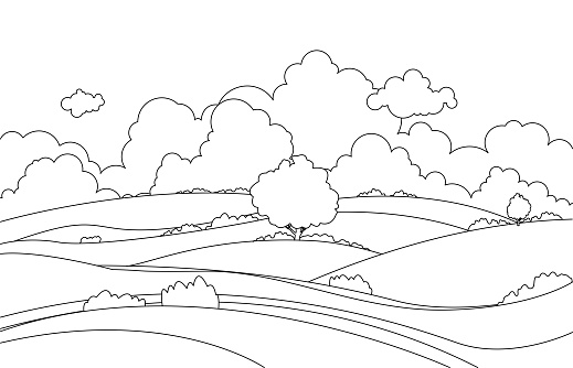 Line art, drawing of summer green fields with grass,trees, cloud and sky . background landscape.illustration vector.