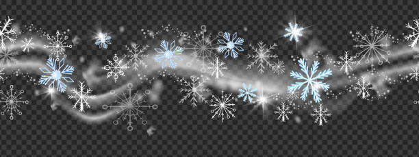 Christmas snow wind vector border, winter x-mas blizzard frame on transparent background. Holiday ice snowflake, cloud, sparkle lights, crystal star, New Year decorative silver wave. Snow wind texture snowflake shape borders stock illustrations