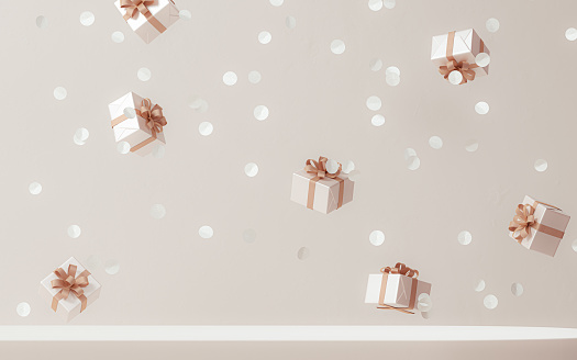 Minimal product background for Christmas, New year, festive concept. Beige pastel subtle color gift boxes with pink ribbon bow and confetti. 3d render illustration.