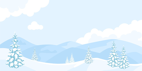 Winter landscape background. Snowy mountains and trees. Vector cartoon flat illustration.