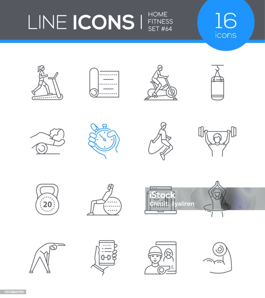 Home fitness - modern line design style icon set Home fitness - modern line design style icon set. Gym isn't the only place to exercise and get in shape. In the apartment you can do simple exercises to lose weight and stay healthy and slim. Icon stock vector