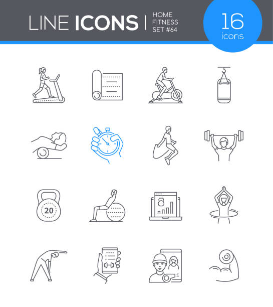 Home fitness - modern line design style icon set Home fitness - modern line design style icon set. Gym isn't the only place to exercise and get in shape. In the apartment you can do simple exercises to lose weight and stay healthy and slim. gym icons stock illustrations