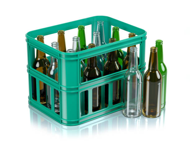 istock Empty bottles in transportation plastic box isolated on white background 3D 1343860891