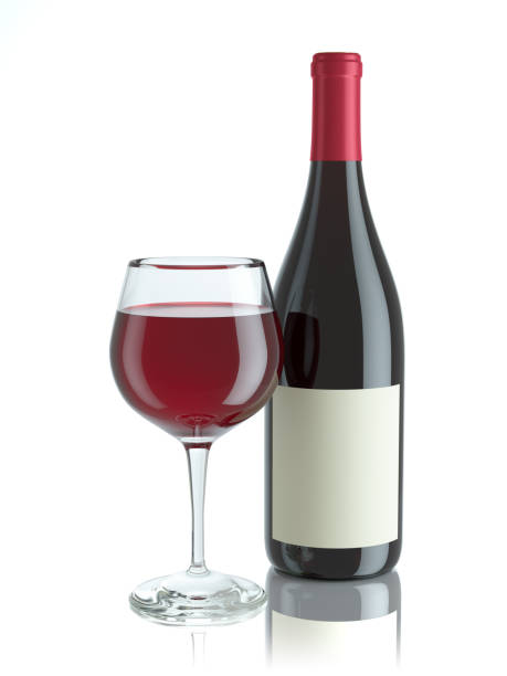 istock Mockup red wine bottle with blank label and filled goblet glass wine in studio lighting 3D 1343860906