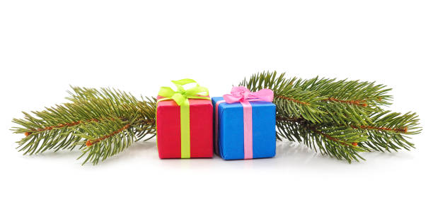 istock Christmas tree branches and gifts. 1343861250