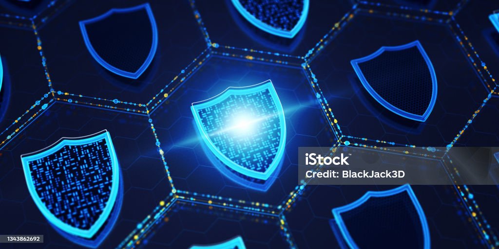 Shield. Network Security  Concept Big data. Information concept. 3D render Security System Stock Photo
