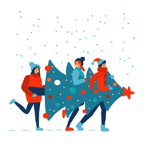 Cheerful friends, man and women, in festive outdoor clothes carry a big Christmas tree and communicate. People are preparing for Christmas. Isolated flat vector illustration. Cheerful friends, man and women, in festive outdoor clothes carry a big Christmas tree and communicate. People are preparing for Christmas. Isolated flat vector illustration christmas family party stock illustrations