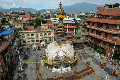 Kathmandu, Nepal - September 2021: Kathesimbhu stupa is located between Thamel and Durbar Square in the heart of Kathmandu on September 21, 2021 in Kathmandu, Nepal.