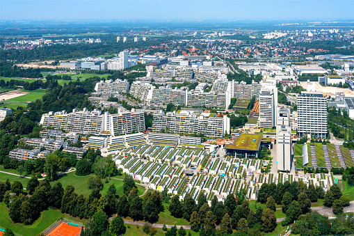 Munich, Germany, 08/24/2019: View of the 1972 Olympic Village from the Olympic Tower, Munich, Bavaria, Germany.