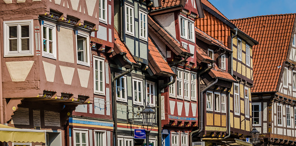 View of the facades of several half-timbered houses in the old town of Celle in Lower Saxony