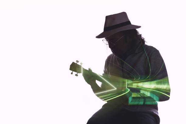 A man is playing guitar, double exposure Tunnel in background exposure